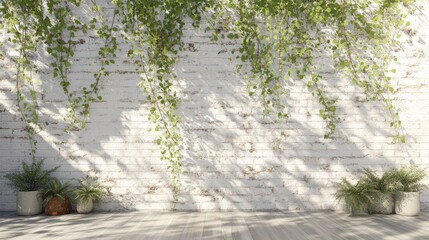 Poster - A serene space featuring a white wall adorned with cascading greenery and potted plants, creating a fresh and calming atmosphere.