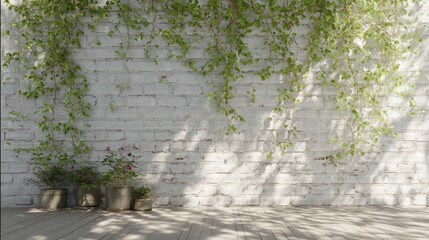 Poster - A serene wall adorned with green vines, complemented by potted plants, creating a tranquil and inviting atmosphere.