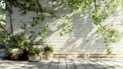Poster - A serene indoor space with a textured white wall, adorned with green vines and potted plants, casting soft shadows on a wooden floor.