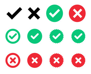 check box tick mark icon set button correct right wrong buttons or yes or no checkmark red cross gre