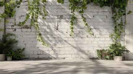 Poster - A serene, minimalist space featuring a white brick wall adorned with green vines and potted plants, creating a refreshing natural ambiance.