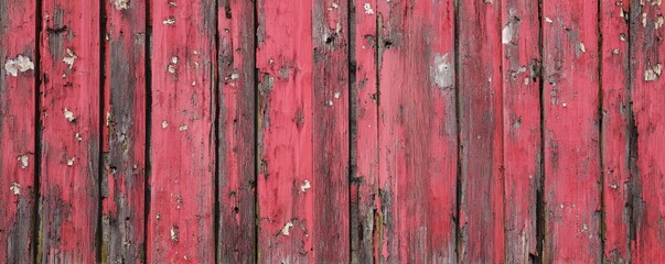 Poster - A textured wooden surface with weathered red paint, showing peeling and aging signs, creating a rustic and vintage appearance.