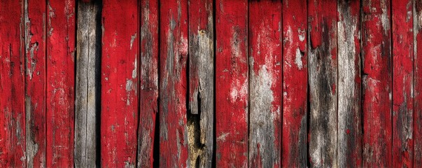 Poster - A weathered wooden surface painted red, showcasing a blend of peeling paint and exposed wood, evoking a rustic, aged aesthetic.