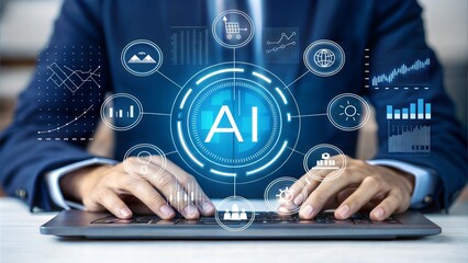 Poster - Futuristic AI business technology with holographic interface. Professional working on laptop with AI analytics. Modern digital innovation in corporate setting.
