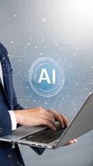 Poster - Business professional using AI technology with laptop and tablet. Digital innovation with circuit graphics and stylus. Modern corporate tech integration.