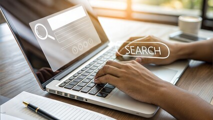 Poster - Close-up of person using laptop with search bar overlay. Modern workspace with digital browsing activity. Professional working on online research.