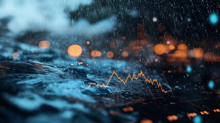 Poster - Dynamic rain patterns overlaying financial data visualizations in urban environment during nighttime