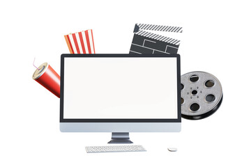 Poster - Monitor with blank screen surrounded by popcorn, clapperboard, soda can, and film reel, isolated on white background. 3D Rendering