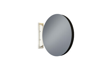 Poster - Circular wall-mounted mirror with metallic bracket isolated on clean white background. Concept for signage, branding, or design mockup. 3D Rendering.
