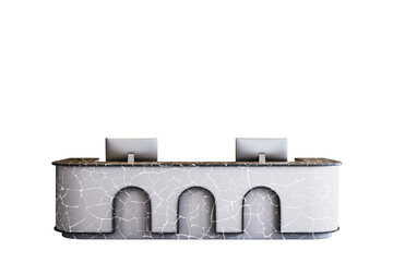Poster - Contemporary reception desk with marble texture and dual monitors, clean layout on white background. Concept for office or business interior. 3D Rendering