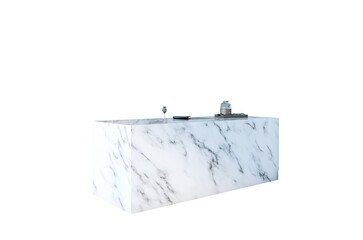 Poster - Marble kitchen island with coffee machine, glass, and tray, isolated on clean white background. 3D Rendering for interior layout concept