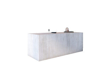 Poster - Concrete kitchen island counter with coffee setup, wine glass, and accessories in minimalist style on white background. 3D Rendering