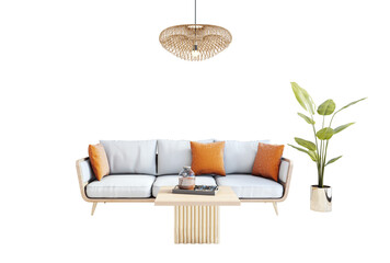 Poster - Contemporary sofa with cushions, wood coffee table, green plant, and woven lamp on white background. Clean cutout layout concept. 3D Rendering
