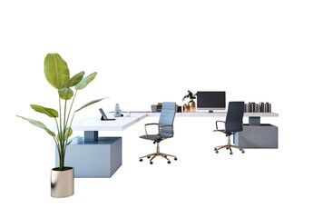 Poster - Modern office furniture layout with sleek chairs, white workstation, potted plant, and accessories on isolated white background. 3D Rendering