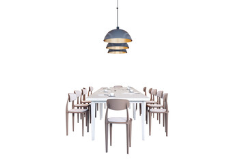 Poster - Contemporary dining table set with twelve chairs and a stylish pendant lamp above, isolated on white background. Concept of interior layout. 3D Rendering