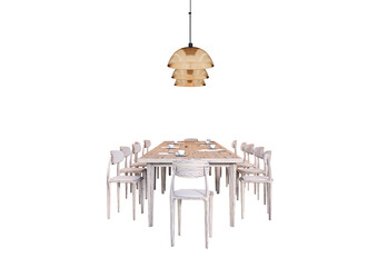 Poster - Rustic wooden dining table set with twelve chairs and a modern pendant lamp, cutout style on white background. Concept of dining layout. 3D Rendering