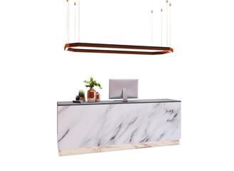Poster - Marble reception desk with desktop computer, plants, and hanging light fixture, isolated on white background. 3D Rendering. Clean office interior