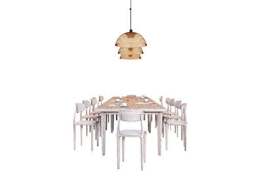 Rustic wooden dining table set with twelve chairs and a modern pendant lamp, cutout style on white background. Concept of dining layout. 3D Rendering