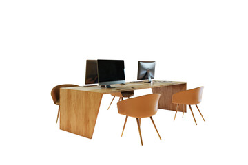 Poster - Contemporary wooden office desk with monitors and brown chairs, clean light background, minimal workspace layout concept. 3D Rendering