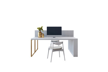 Poster - Minimalist white office desk setup with computer, chair, and gold vases, clean design style, isolated on transparent background, 3D Rendering