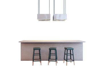 Poster - Kitchen island set with three bar stools and two pendant lights, minimalistic clean style, isolated on white background. Concept of modern layout. 3D Rendering