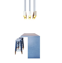 Poster - Contemporary blue kitchen island with matching bar stools and modern hanging pendant lights, isolated on white background for clean design concept. 3D Rendering