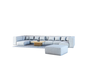 Poster - Modular sectional sofa set with light gray upholstery, ottoman, and wooden coffee table on a rug, isolated on white background, 3D Rendering