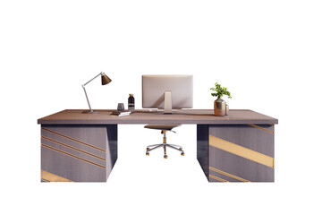 Poster - Modern office desk with computer, lamp, chair, books, and potted plant in a clean 3D Rendering style, isolated on a white background layout