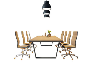 Poster - Office meeting table with contemporary chairs and hanging lights, cutout style on white background for clean interior design template. 3D Rendering