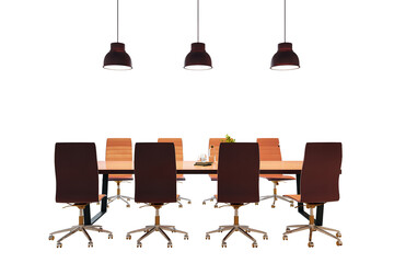 Poster - Office conference table with rolling chairs and pendant ceiling lights in a clean layout, isolated on white background. Concept of workspace. 3D Rendering