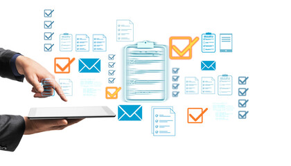 Poster - Businessperson interacts with digital tablet displaying floating checkmarks, forms, and email icons on isolated white background for virtual workflow