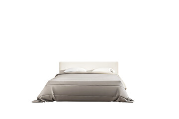 Poster - Double bed with soft beige bedding and white pillows, 3D Rendering, isolated on clean white background. Concept of comfort and bedroom design