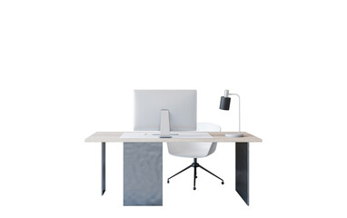 Poster - Minimalist office desk with computer, chair, and desk lamp in clean layout on white background. 3D Rendering of modern business workspace element