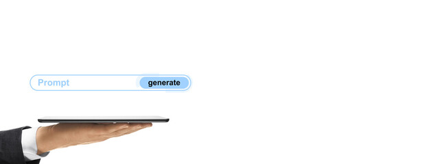 Aufkleber - Businessperson hand holding tablet with floating digital prompt bar and generate button, clean light style on white background, concept of innovation