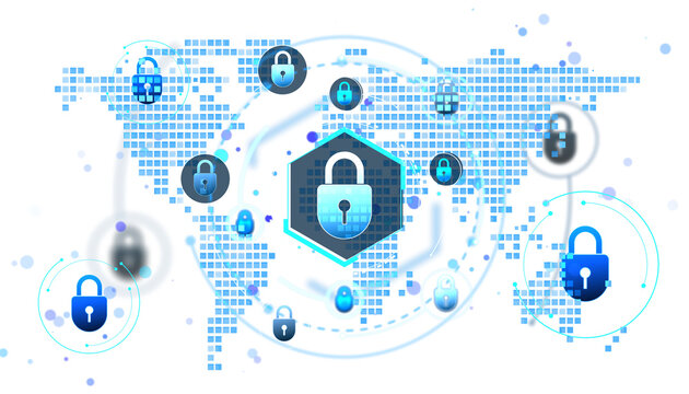 Blue padlock icons over pixelated world map, digital style, on white background, concept of cybersecurity, data protection and privacy. 3D Rendering