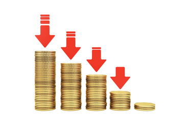 Fototapete - Gold coin stacks decreasing in height with red arrows indicating financial crisis and market collapse on isolated white background. 3D Rendering