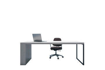 Poster - Office desk with a laptop and chair isolated on white background, minimal clean layout for business, work or corporate desk element. 3D Rendering