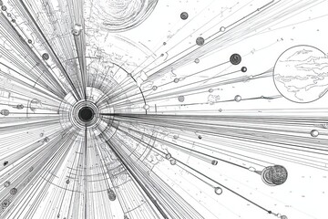 Poster - Expansive Artistic Illustration of Cosmic Elements and Galaxies in Black and White Style