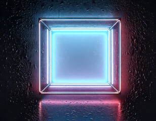 Fototapete - glowing neon frame with textured wet glass surface creates captivating atmosphere