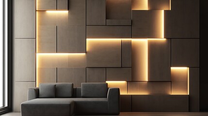 Poster - Stylish contemporary living room with a decorative wall featuring warm LED lighting and modern aesthetics : Generative AI