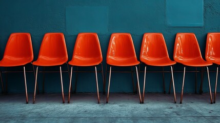 Poster - Orange chairs row against teal wall interior design seating furniture modern minimalist waiting area decor