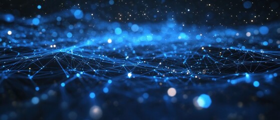 Poster - abstract blue network of glowing particles and lines