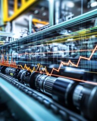 Aufkleber - Industrial manufacturing scene featuring machinery with data overlay illustrating productivity and performance trends : Generative AI