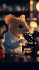 Poster - Cute mouse scientist examining a liquid sample under a microscope in a laboratory setting : Generative AI