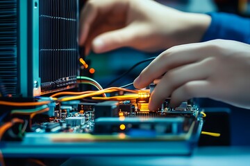 Fototapete - Hands working on intricate electronic circuits inside a computer to optimize performance and maintenance : Generative AI