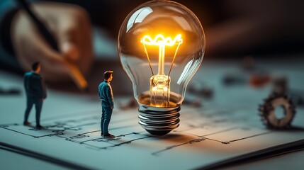 Aufkleber - Miniature Figures Analyzing Light Bulb Innovation in Creative Workspace : Generative AI