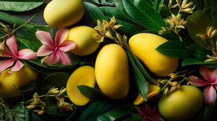 Poster - Fresh mangoes cut and arranged beautifully with tropical leaves around