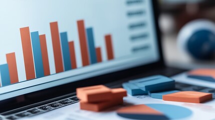 Leinwandbilder - Laptop Displaying Colorful Data Visualizations with Bar and Pie Graphs for Business Analysis : Generative AI