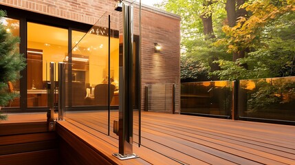 Aufkleber - Stylish wooden deck featuring clear glass railing with a view of vibrant trees in autumn colors : Generative AI