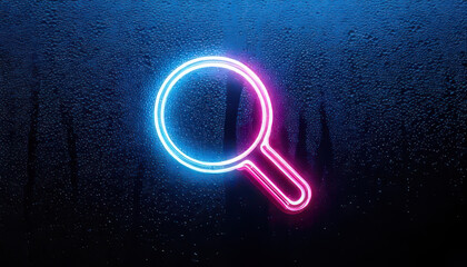 Fototapete - Minimal floating neon search symbol over dark moody glass texture with dew and light glare